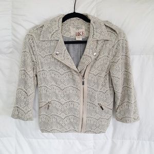 BKE Cream Lace Pattern Cropped Moto Jacket